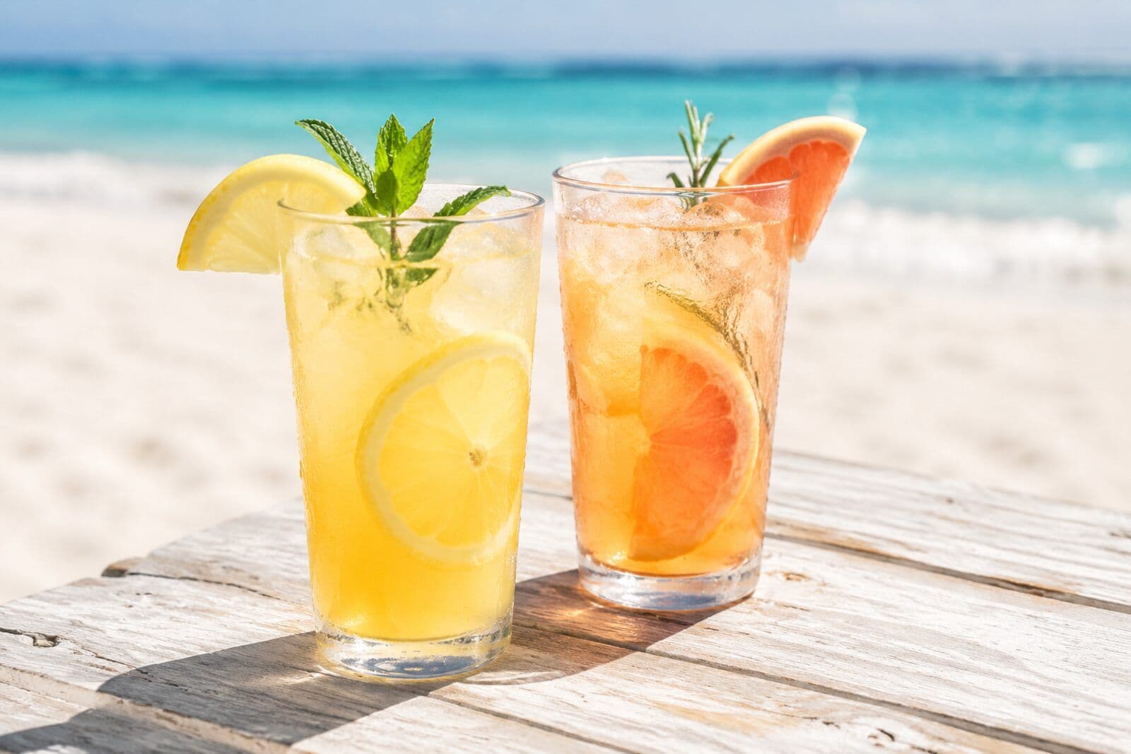 Deux cocktails glacés au citron et au pamplemousse, sur une table en bois blanchi face à la mer.