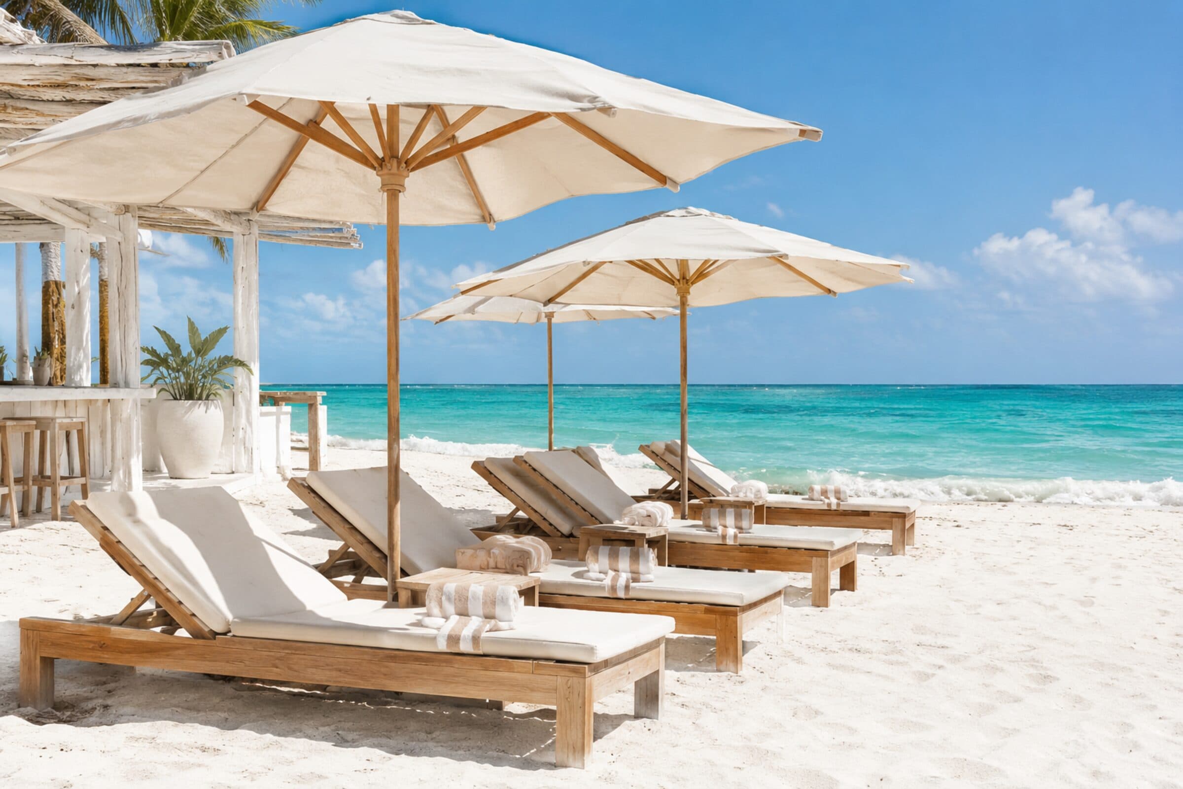 La rangée de transats et de parasols crème sur le sable blanc, face à l'eau turquoise de la baie.